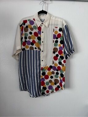 Goouch 100% Silk Colorblock Polka Dot Stripe Retro Art Button Front Shirt Size S